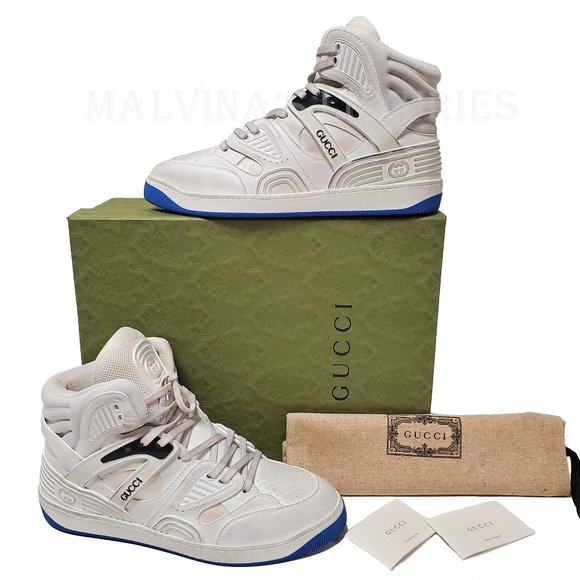 GUCCI MENS SNEAKERS HIGH TOP BASKET GG LOGO LEATHER FABRIC SHOES - Picture 3 of 16